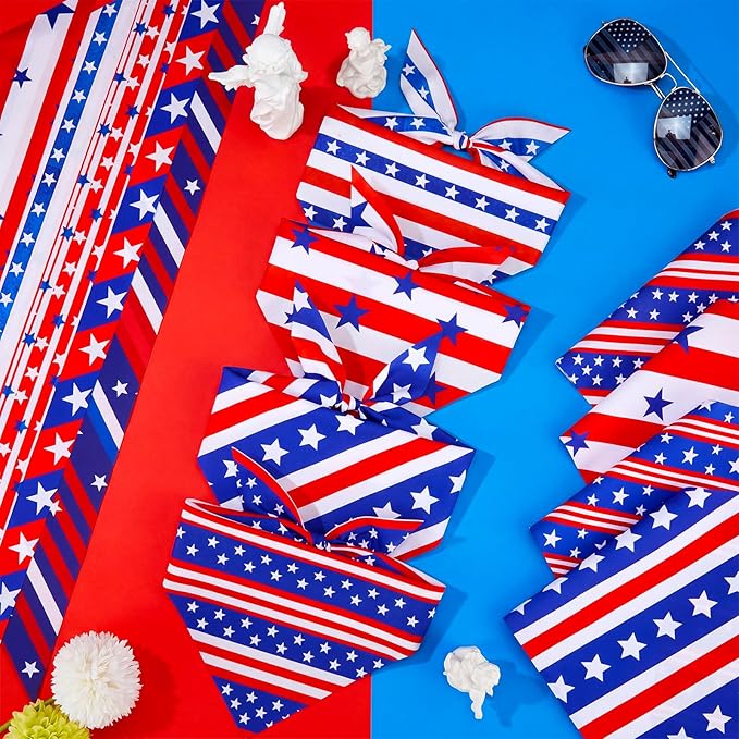 Weewooday 50 Pcs 4th of July Dog Bandanas Bulk for Patriotic 250th Anniversary, Red White Blue Striped Star Triangle Scarf for USA Memorial Small Medium Large(Striped Star, 25.6 x 17.7 x 17.7 Inch)
