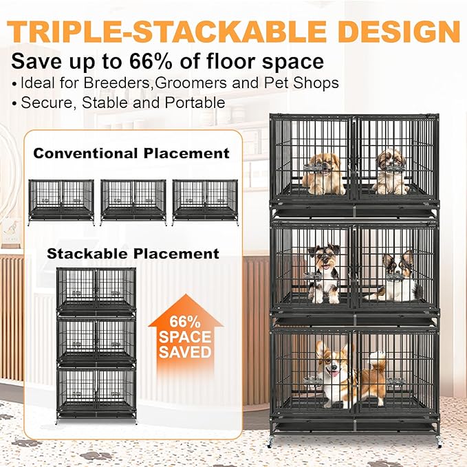 Homey Pet 2 Pack Three Tiers 43 inch Stackable Heavy Duty Dog Crate with Wheels, Indestructible Steel Dog Cage Kennel Indoor with Detachable Divider, Trays, Feeding Bowls, Escape Proof Locks