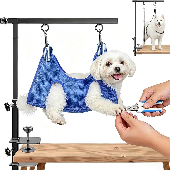 Dog Grooming Arm with Pet Grooming Hammock, 27”-42” Adjustable Grooming Stand with No Sit Haunch Holders and Loop Noose, Grooming Restraint for Small and Medium at Home or Salon