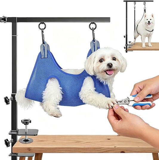Dog Grooming Arm with Pet Grooming Hammock, 27”-42” Adjustable Grooming Stand with No Sit Haunch Holders and Loop Noose, Grooming Restraint for Small and Medium at Home or Salon