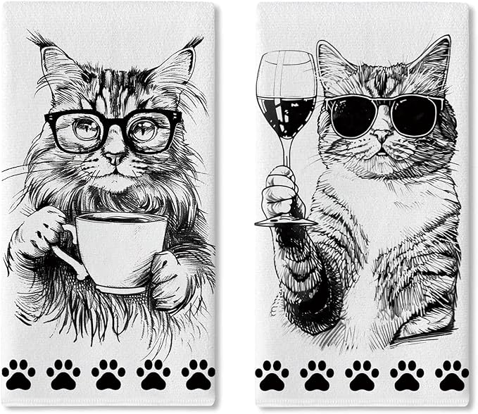 Funny Cat Kitchen Dish Towels Set of 2, Black White Coffee Wine Drying Hand Towel Baking Cooking Cloth, Paw Print Bar Pub Cafe Home Decoration Gifts for Pet Cat Owner Lovers 18'' x 26''
