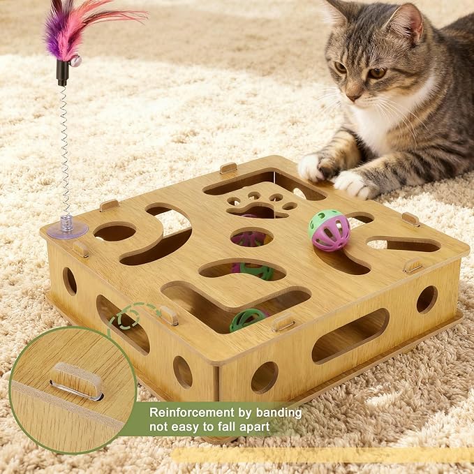 Cat Toys for Indoor Cats, Interactive Wooden Puzzle Toy Box, Stimulate Hunting Drives and Reduce Boredom, Wood Color