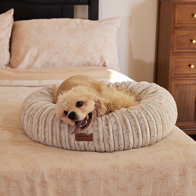 FUKUMARU Small Dog Bed, Gradient Color Donut Dog Beds for Anxious Puppies, 25 inches Calming Orthopedic Dog Beds, Round Pet Beds with Washable Cover, Cute Cat Bed for Indoor Cats, Camel