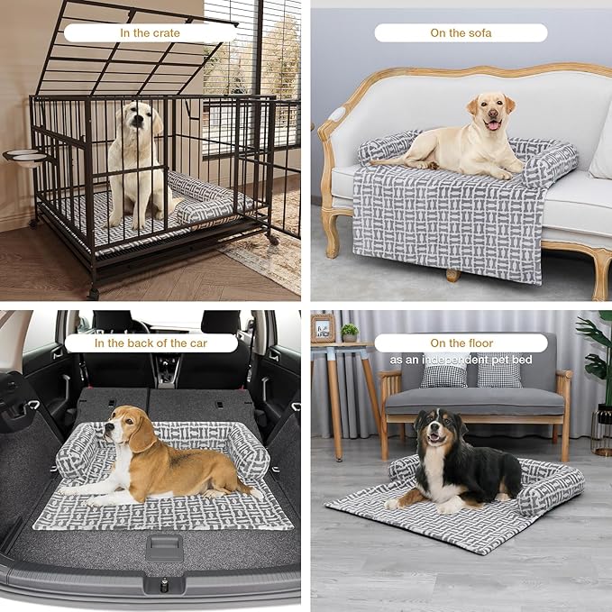Orthopedic Dog Bed Mat for Large Dogs, Washable Sofa Protector Pet Bed with 3-Sided Bolster, Shredded Memory Foam & Plush Support, Non-Slip Bottom for Medium & Small Dogs (Grey)