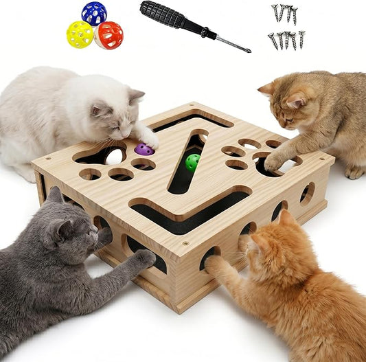 Cat Scratch Puzzle Enrichment Box, Large Solid Wood Cat Nail File Box with Sandpaper and 3 Bell Balls, Stress Free Alternative to Clippers & Grinders, Interactive Cat Toy for Indoor Cats Claw Care (A)