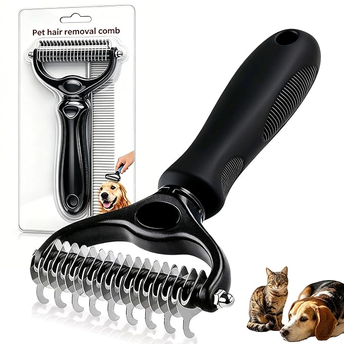 Pet Grooming Tool for Dogs & Cats, Includes Dual-Sided Dematting Comb & Stainless Steel Comb, Deshedding Brush for Long Hair, Thick & Double Coats, Pet Shedding & Loose Hair Removal Tool (Black)