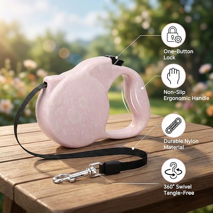 Pink Retractable Dog Leash with Print for Small Dogs & Puppies – Cute Pet Leash for Little Puppy, Cat, and Medium Sized Dog, Ideal for Girls Walking (Pink Print-Small)