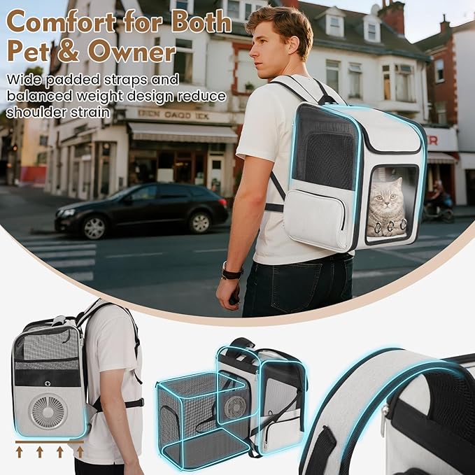 Cat Backpack Carrier with Cooling Fan & Heating Pad, Expandable & Breathable Pet Backpack for Cats & Small Dogs, Travel Carrier for Hiking, Vet Visits, Grey
