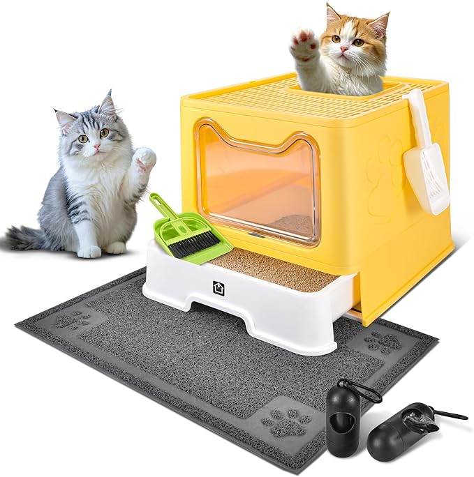 Covered Cat Litter Box with Litter Mat, Foldable Extra Large Dual Entry Adjustable Door, Drawer Design Enclosed Kitty Litter Box, Odor Control Anti-Splashing Easy Cleaning (Yellow)