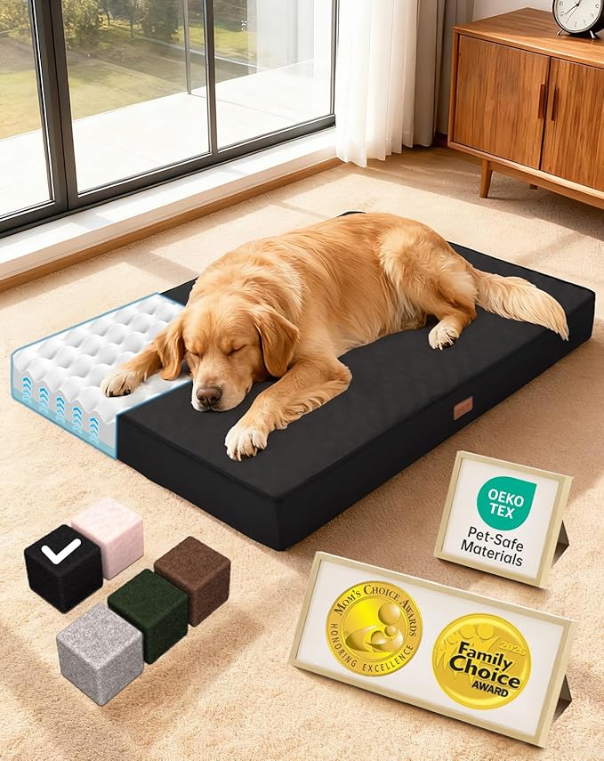 OhGeni Orthopedic Waterproof Dog Bed for Large Dogs, Machine-Washable Removable Cover in Easy-Clean Fabric, High Density Foam & Easy-Carry Handle, Suitable for Crate, 41 inch (Black)