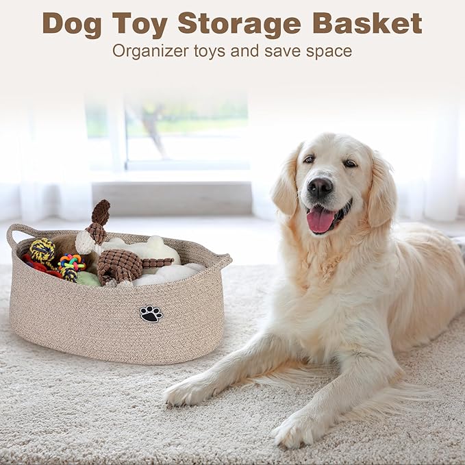 Optish Dog Toy Basket, Toy Storage Box and Bin with Handles, 19.7" X 11" X 7.9" (30L) Large Woven Rope Basket for Blankets, Living Room, Bedroom, Brown