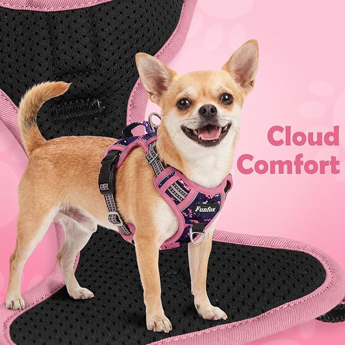 Funfox Dog Harness No Pull, Adjustable Pet Vest Harness, Super Soft Material with Vertical Handle Easy Control, Reflective Night Walking, 2 Leash Clips for Small Sized Dogs, Mosaic Pink, S