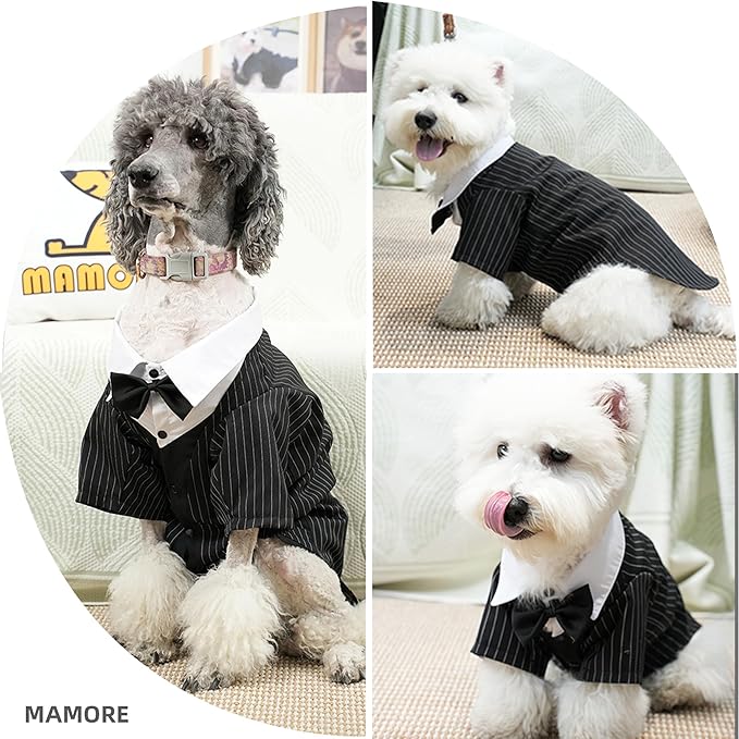 Dog Tuxedo Wedding Suit Shirt with Bow Tie, Formal Outfit Tux Attire for Puppy Small Medium Dogs Cats Costume (Pinstripe Black, Medium)