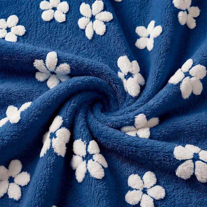 Horaldaily Pets Flannel Blanket, Navy Blue Flowers 3D Textured Soft Fuzzy Fluffy Plush Cozy Fleece Premium Blankets for Dog Cat Puppy Kitten Couch Protection, 16x23
