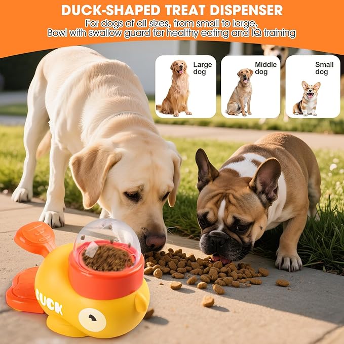 Interactive Dog Treat Dispenser Toy, Duck Shape Puzzle Feeder with Press Button and Rotating Design, Slow Feeding Game for Cats,Dogs,Other Pets