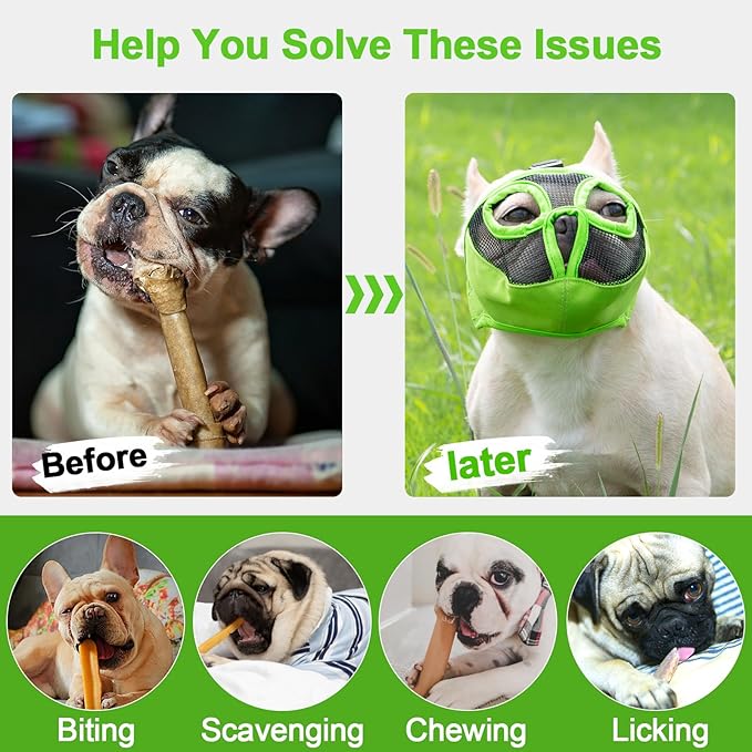 Short Snout Dog Muzzles- Adjustable Breathable Mesh Bulldog Muzzle for Biting Chewing Licking Grooming Dog Mask,Green S