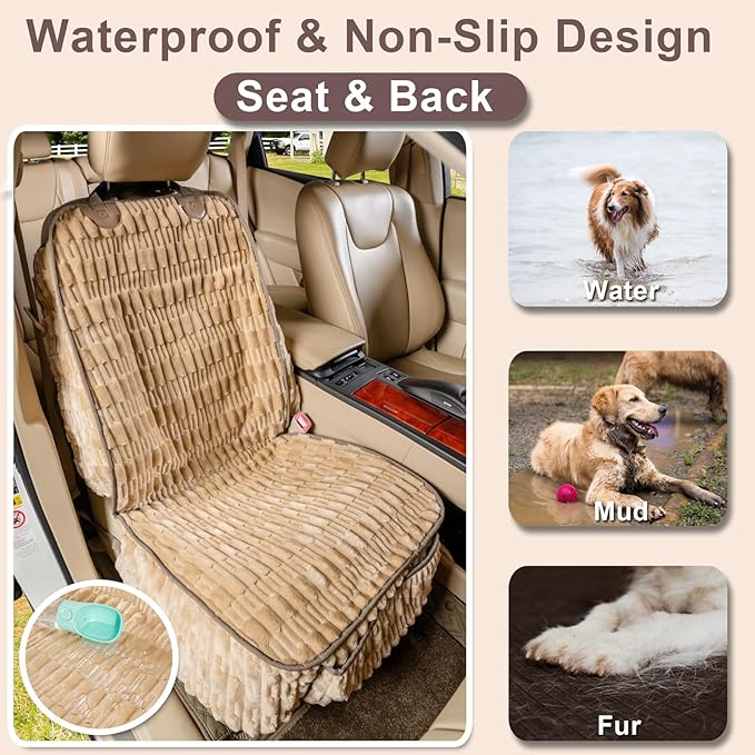 Soft Front Seat Dog Cover, Waterproof Dog Car Seat Protector with Side Flaps, Non-Slip Fluffy Flannel with Full Protection for Pets on Captain Seat in Cars SUVs Trucks (Tan, Standard Front)