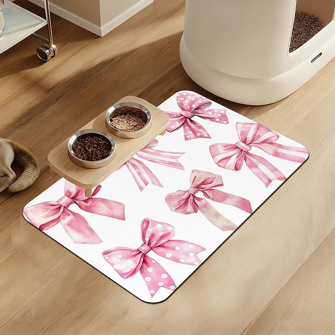 Pink Bows Dog Cat Food Mat–Absorbent Waterproof Placemat for Food and Water Bowls, Non Slip Rubber Backing, Feeding Mat for Clean Floors 12"x20"