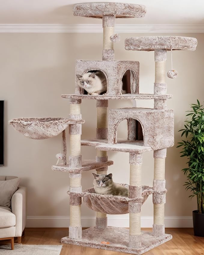 Heybly Cat Tree, 70 inches Tall Cat Tower condo with Toy for Indoor Large Cats, Cat House Furniture with Padded Plush Perch, Cozy Hammock and Sisal Scratching Posts,Muchroom HCT032MU