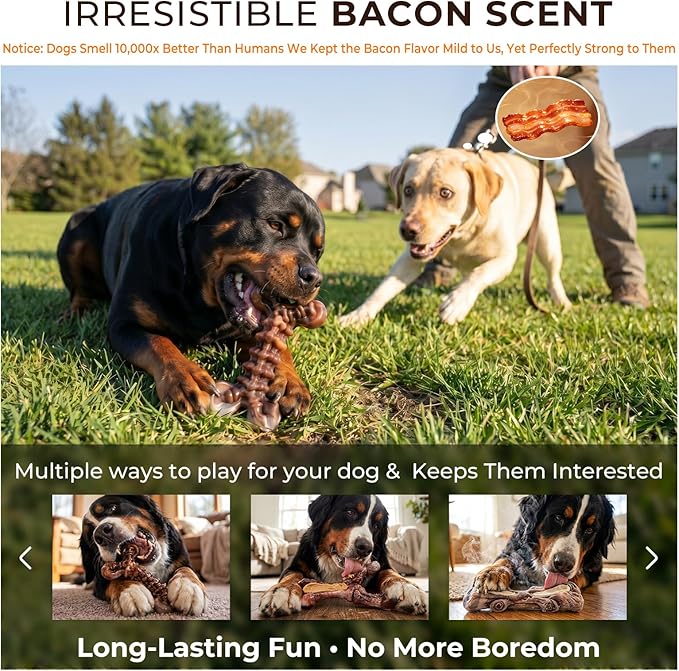 Kseroo Indestructible Dog Toys for Aggressive Chewers: 6-Pack Bacon Flavored Hard Nylon Dog Chew Toys for Medium & Large Dogs(25-90lbs), Tough Super Chewer Dog Bones Toys to Keep Them Busy, Brown