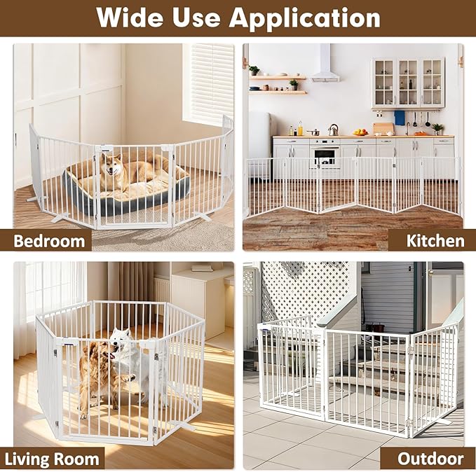 156" Extra Wide Dog Gate, Heavy Duty Metal Freestanding Dog Gate with Door for Indoor & Outdoor, Foldable Pet Fence for Doorways,House,Porch,Deck,Yard,Stairs, Auto Close(6 Panels,White)