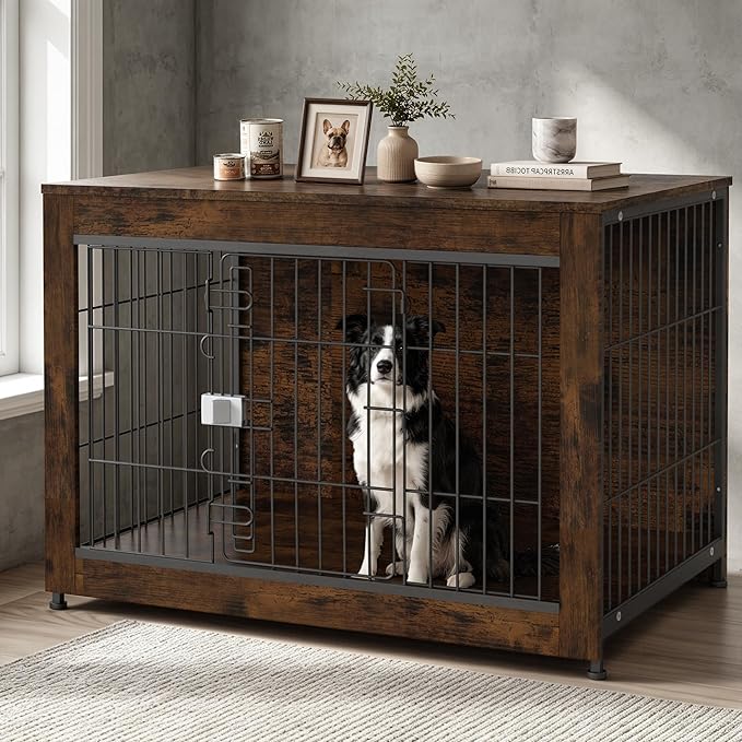 Wooden Dog Crate Furniture, 38in Dog Cage Furniture with Slide Safety Latch, Indoor Decorative End Table for High Anxiety Dogs, Furniture Style Dog Crate for Medium to Large Dogs, Aged Black