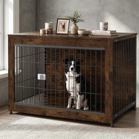 Wooden Dog Crate Furniture, 38in Dog Cage Furniture with Slide Safety Latch, Indoor Decorative End Table for High Anxiety Dogs, Furniture Style Dog Crate for Medium to Large Dogs, Aged Black