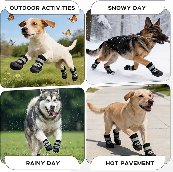 Dog Boots, Waterproof Dog Shoes with Reflective Straps, Rugged Anti-Slip Sole Paw Protectors for Medium Large Dogs, Breathable Pet Booties for Hot Pavement, Snow, Hiking, 4Pcs