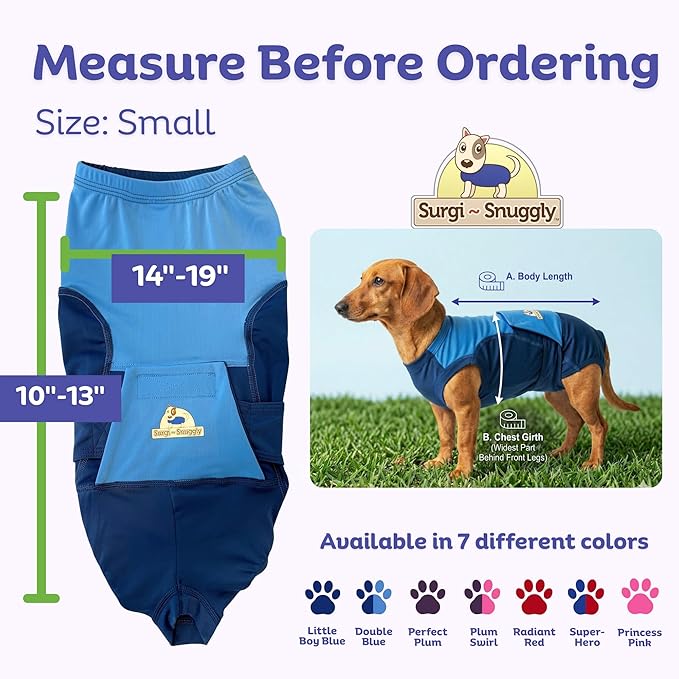 Surgi Snuggly Dog Surgery Recovery Suit - Dog Onesie for Post Surgery Recovery, Female Spay & Male Neuter - Surgical Suit for Dogs, E-Collar Cone Alternative, Double Blue - Small - 10" - 13" (EC)