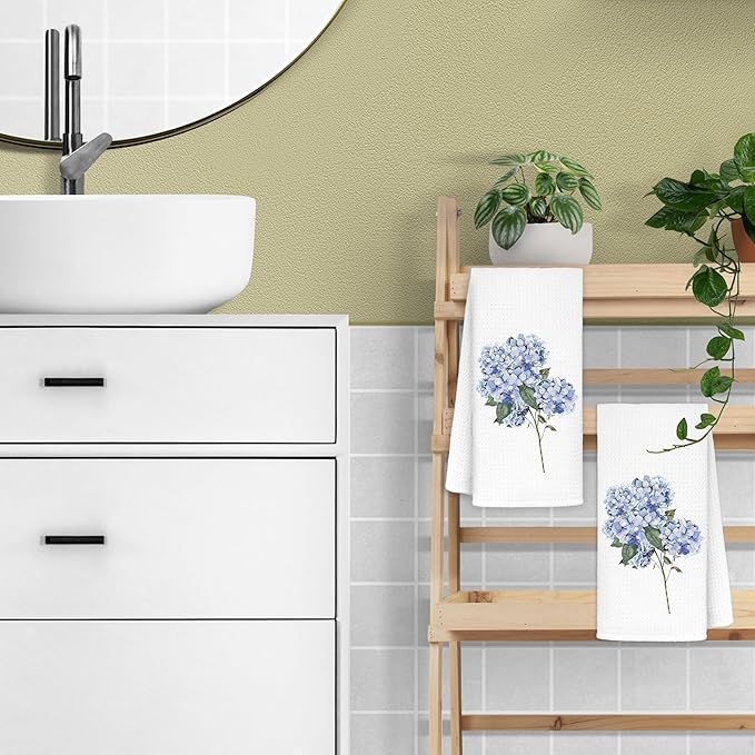 Light Blue Hydrangea Flowers Floral Kitchen Towels Set of 2 - Flowers Decorative Hand Towels for Bathroom, Light Blue Hydrangea Decor Dish Towels for Kitchen, Floral Hand Towels, 16x24