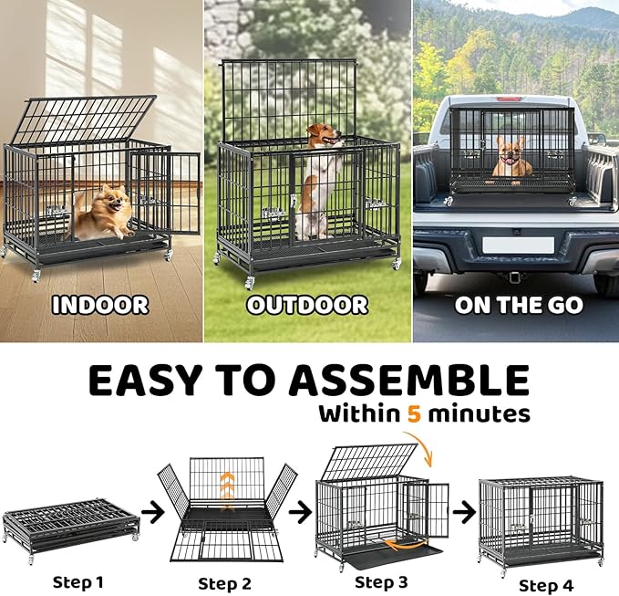 Homey Pet 4 Pack Three Tiers 37 Inch Dog Crate, Escape Proof Dog Cage Kennel Indoor with Top Access and Lockable Wheels, Removable Tray, Heavy Duty Dog Crates for Medium/Small Dogs