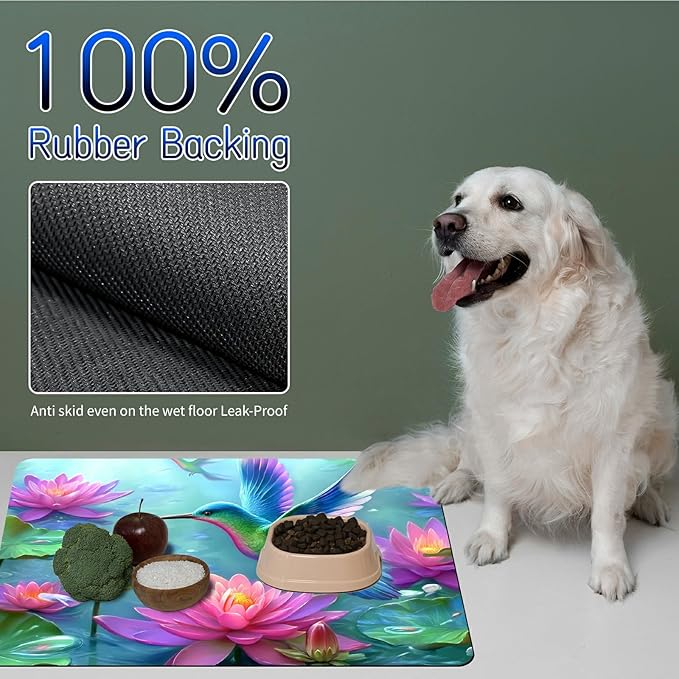 Dog Food Mat, 19.6" x 23.6" Absorbent Pet Feeding Mat for Food and Water, Waterproof Diatom Mud Pet Placemat with Non-Slip Rubber Backing, Cat Bowl Mat for Floors - Lotus Leaf Hummingbird