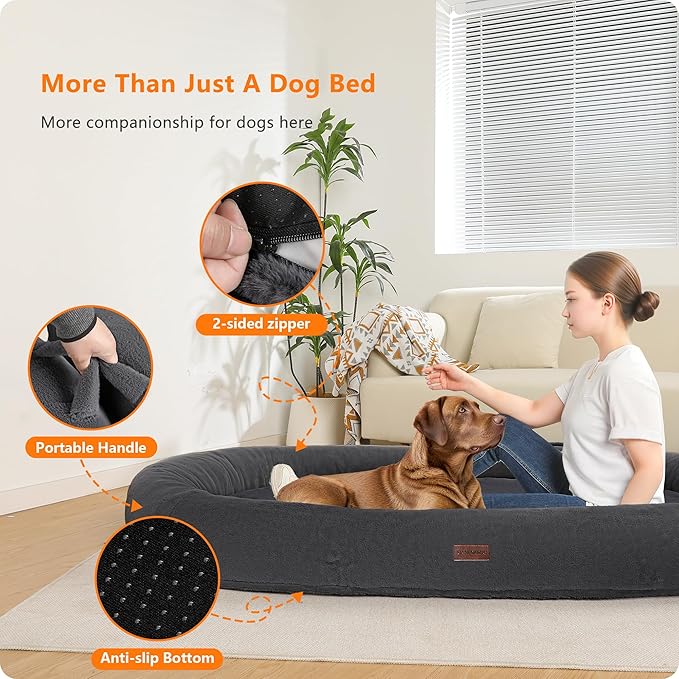 Human Dog Bed with Blanket, 71"x47.2"x9" Extra Large Fits Adult & Pets, Reversible Orthopedic Gel Memory Foam Cushion, Washable Faux Rabbit Fur, Plump Edge, Storage Pocket, Black Grey