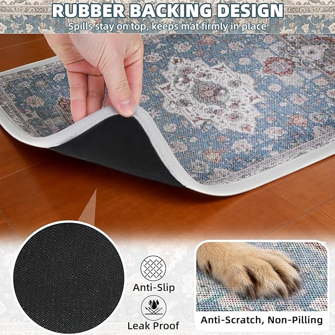 PUPTECK Dog Food Mat, Absorbent Pet Feeding Bowl Mat, Non-Slip Dog Mat for Food and Water, Quick Dry No Stains Cat Placemats Pet Supplies for Messy Drinkers, Blue 16"x24"