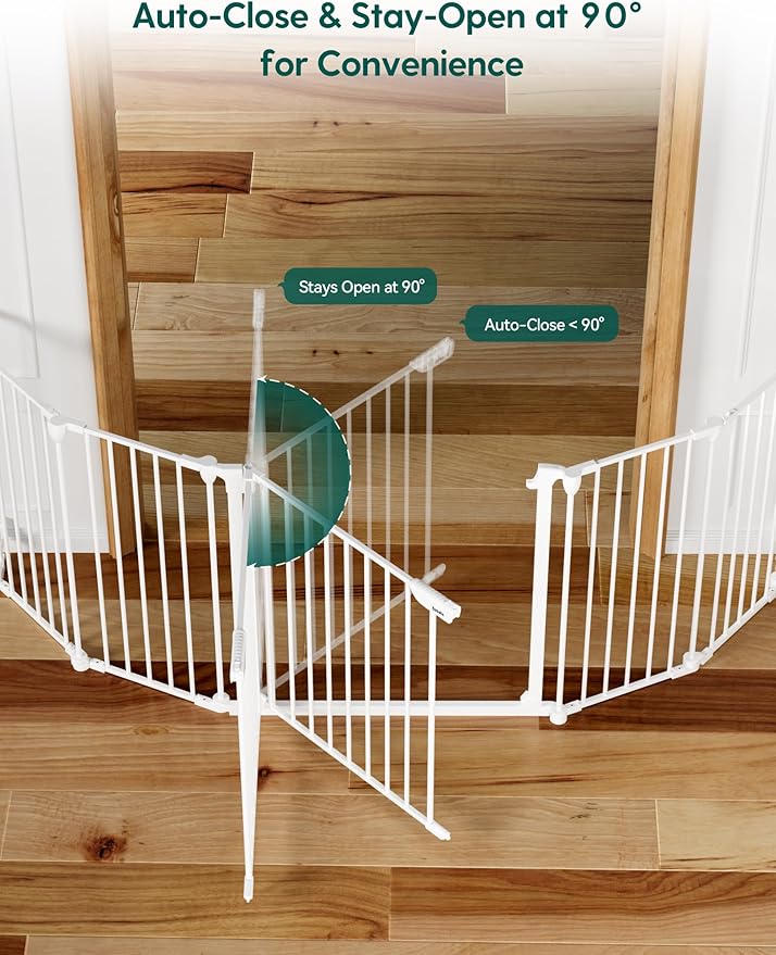 Babelio 104" Extra Wide Baby Gate, 30” Tall Auto Close Dog Fence for Stairs Doorways Fireplace, Hardware Mounted Pet Gate Indoor, Foldable 5 Metal Panels, AdaptiZone Series, White
