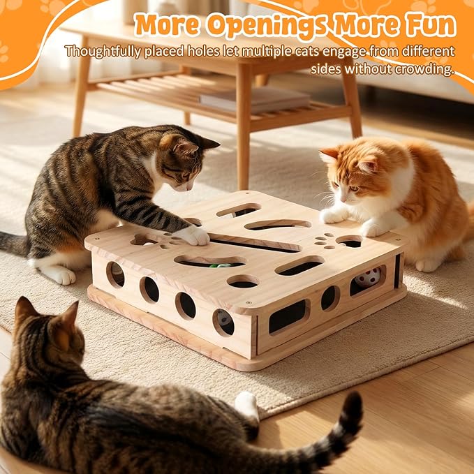 Cat Scratch Puzzle Enrichment Box, Cat Nail File Enrichment Box, Includes Replacement Sandpaper, 3 Bell Balls & 1 Teaser Wand,Wooden Puzzle Treat Toy Box Stimulate Cat Instincts for Bored Cats