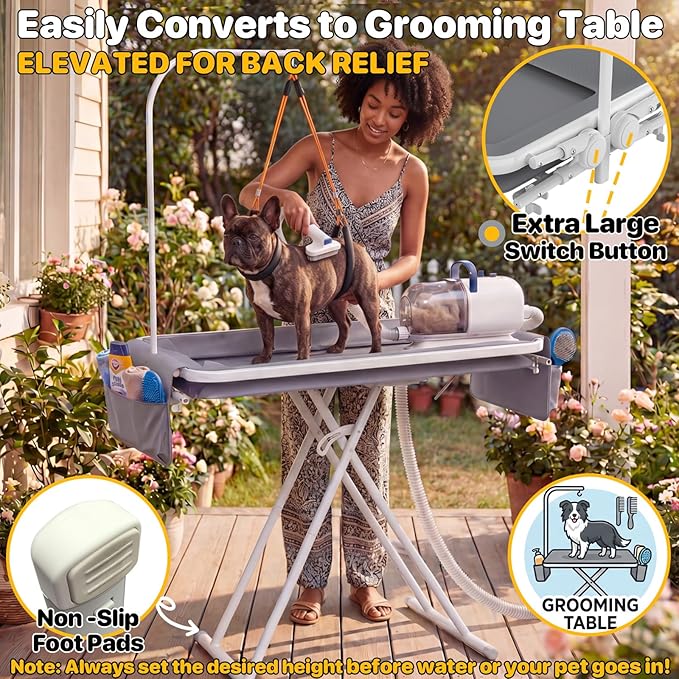 PAWZIDEA 2-in-1 Portable Dog Bathtub & Grooming Table, 33" Foldable Pet Washing Station for Small to Medium Dogs Cats up to 40lbs, 5 Height Adjustable Elevated Bath Tub Indoor Outdoor, Storage Pocket