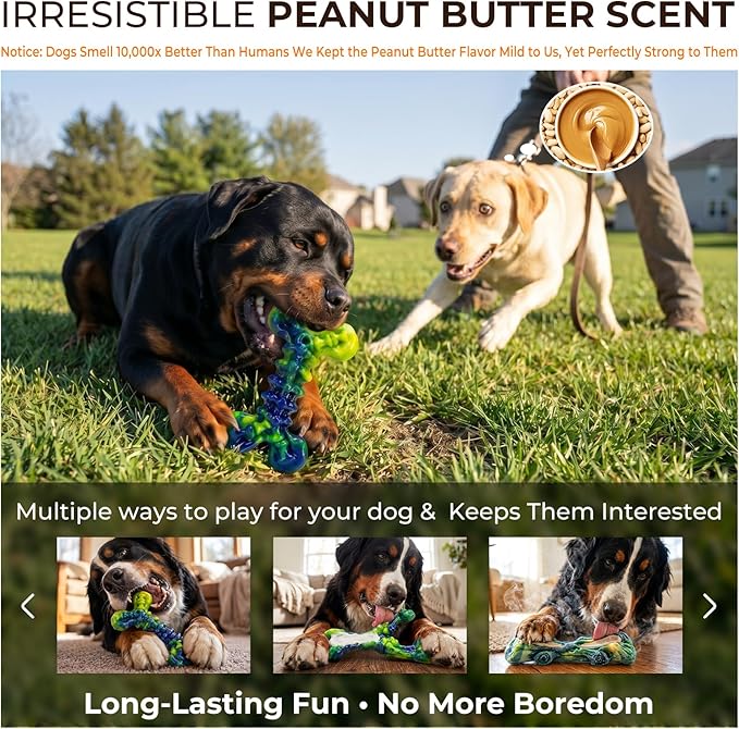 Kseroo Indestructible Dog Toys for Aggressive Chewers: 3-Pack Peanut Butter Flavored Hard Nylon Dog Chew Toys for Medium & Large Dogs(25-90lbs), Super Chewer Dog Bones Toys to Keep Them Busy, Green