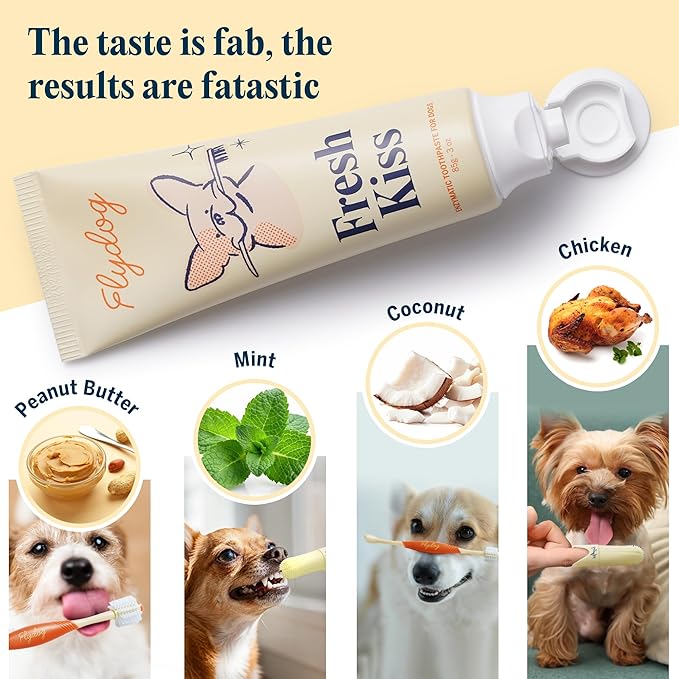FlyDog Fresh Kiss Dog Tooth Brushing Kit - Vet Approved Formula, Enzymatic Dog Toothpaste and Brush - Breath Freshener & Tartar Remover, 360° Toothbrush & Finger Brush, Dental Guide, Coconut Flavor