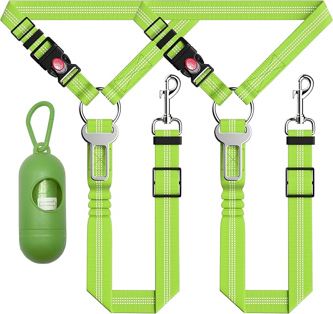 Seyezo Dog Car Seat Belt - 3 Piece Set Retractable Dog Harness with Adjustable Reflective Seatbelt for Vehicle Headrests - Heavy Duty & High Elastics - Green
