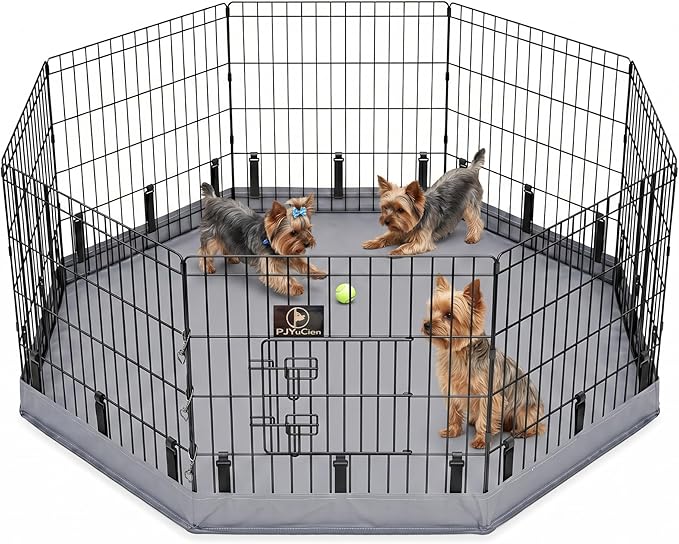 PJYuCien Octagonal Dog Playpen with Bottom Pad - Metal Foldable Exercise Pen, 8 Panels 24" H x 24" W Indoor Outdoor Pet Fence Puppy Crate Kennel, Gray