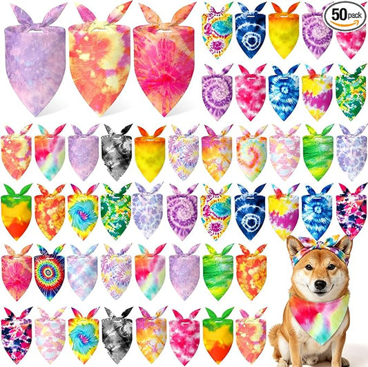 Abbylike 50 Pieces Tie Dye Dog Bandanas Bulk Colorful Hippie Pattern Dog Bandanas for Dogs Triangle Kerchief Scarf Bibs Set for Pets Summer Party Costume Accessories, 25 Styles (25.6 x 17.7 x 17.7)