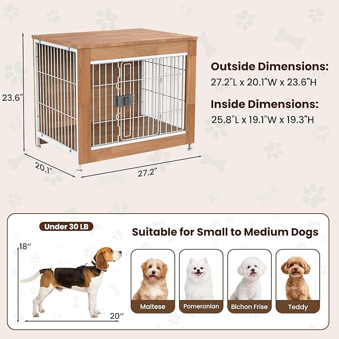 Wooden Dog Crate Furniture, 27in Dog Cage Furniture with Slide Safety Latch, Indoor Decorative End Table for High Anxiety Dogs, Furniture Style Dog Crate for Small to Medium Dogs, Oak