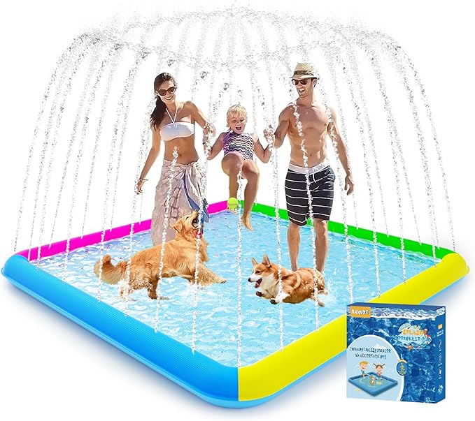 Raxurt Splash Pad, 107"- 80" Non-Slip Splash Pad for Kids and Dogs, Thickened Durable Square Dog Pool with Sprinkler Summer Outdoor Water Toys for Toddler Girls Boys Children Pet (Colorful)