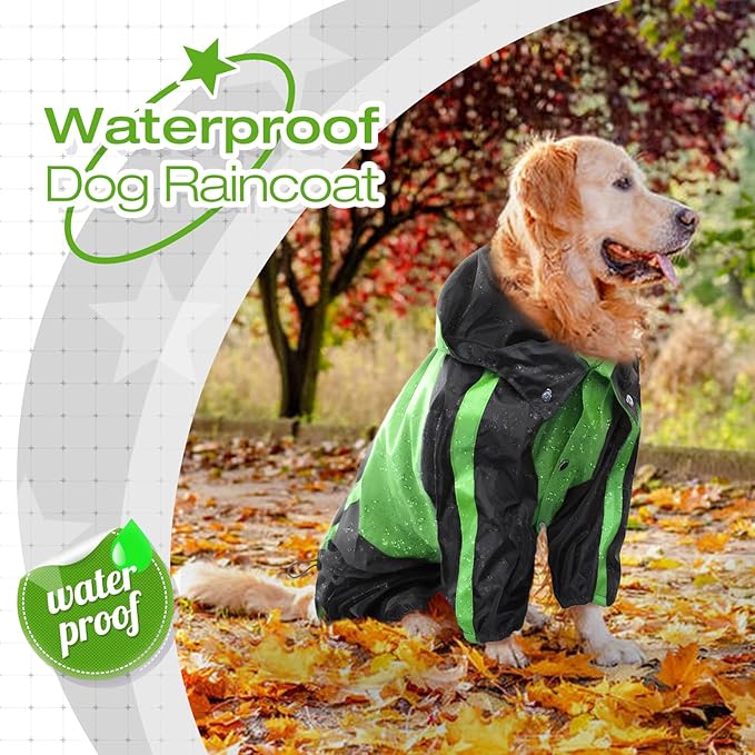 Lightweight Dog Rain Jacket, Adjustable 4-Legs Pet Poncho with Hood, Snow-Proof Dog Vest Rainwear, Rain Clothes Apparel with Leash Hole