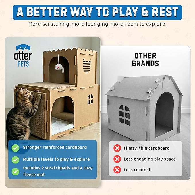 OtterPets Cardboard Cat House with 2-Level Play Design, Two Scratch Pads, Plush Mouse Toy & Soft Fleece Mat, Cat Scratcher House