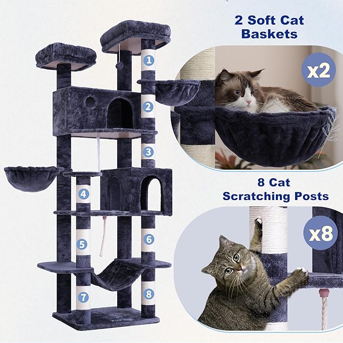 Gitelsnour Tall Cat Tree, Large Cat Tower for Adult Cats, 80.7'' (205cm) Heavy-Duty Cat Tree House for Indoor Cats 20 lbs+ with Scratching Posts, 2 Top Perches/Condos, Hammcok, Smoky Gray GCT034G