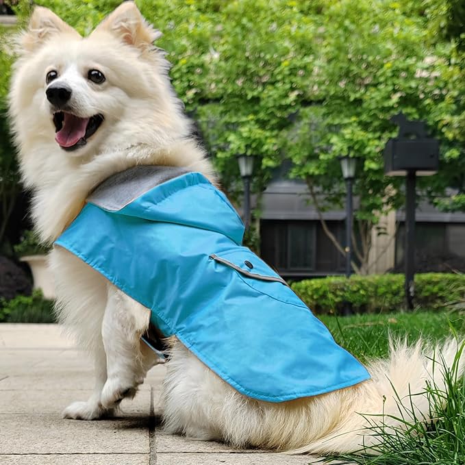 Dog Raincoat Small Dogs Rain Jacket Waterproof Pet Clothes Reflective Poncho Rainwear Breathable Lined Pocket Hooded Leash Hole Adjustable for Puppy,Blue,S,Back Length 8.6 Inch
