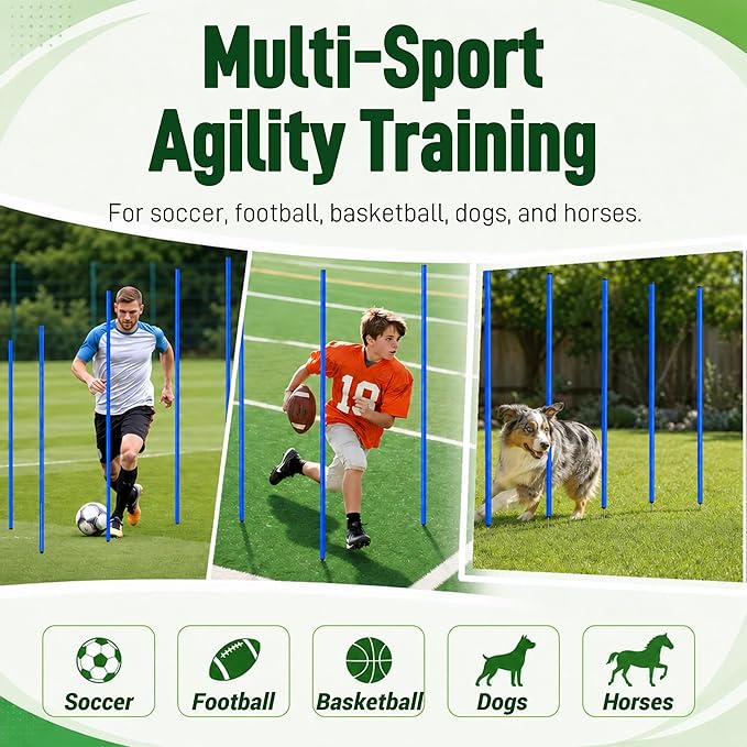 6 Pcs Soccer Agility Poles for Training, 5 FT Adjustable Speed and Agility Training Equipment for Football/Basketball/Horse/Dog Practice, Soccer Sticks with Steel Ground Nails Outdoors