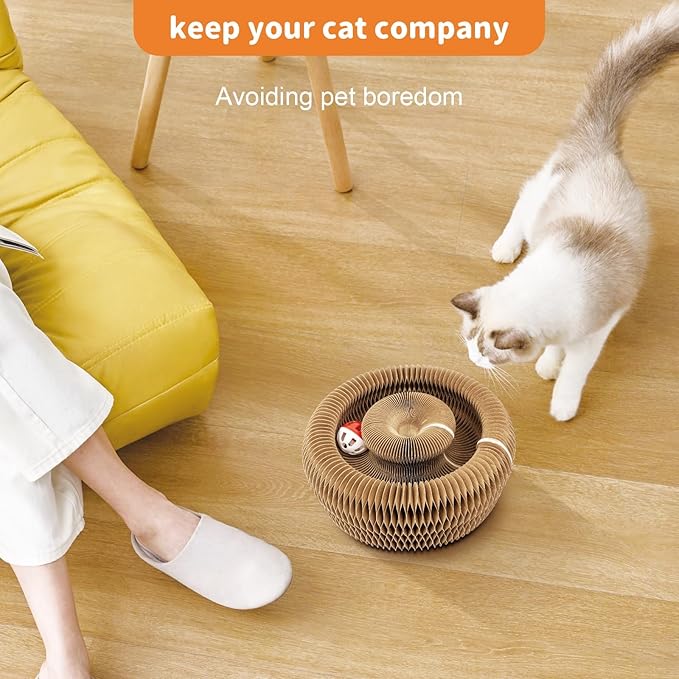 Magnetic & Reversible Cat Cardboard Scratcher, Cat Toys for Indoor Cats, Collapsible Ball Track with Bell, Interactive Cat Toys for Chasing and Scratching, for Both Adult & Kittens Cat